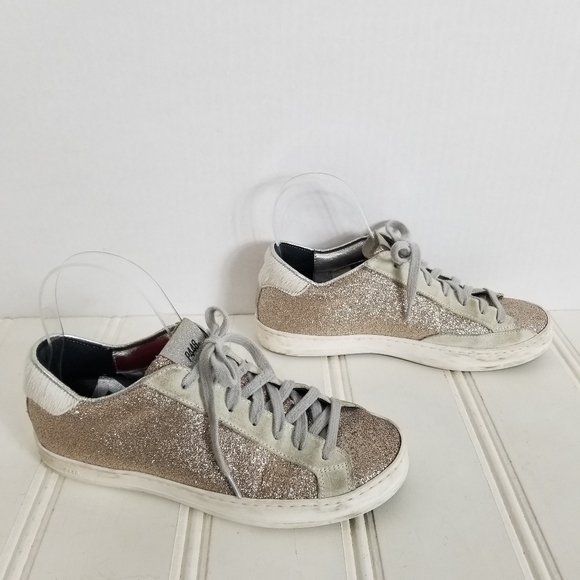 P448 John W Sneakers Leather Glitter Low-Top Calf Hair Trainers Womens Size 7 - Picture 3 of 15